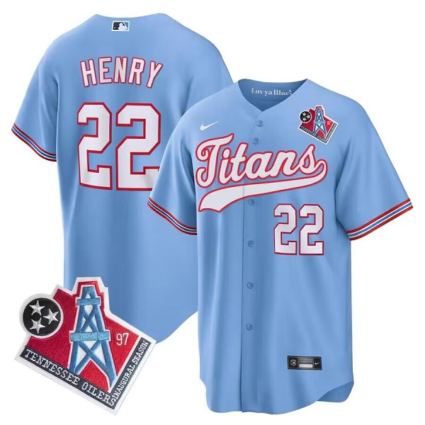 Men's Tennessee Titans #22 Derrick Henry Light Blue 1997 Throwback Cool Base Stitched Baseball Jersey